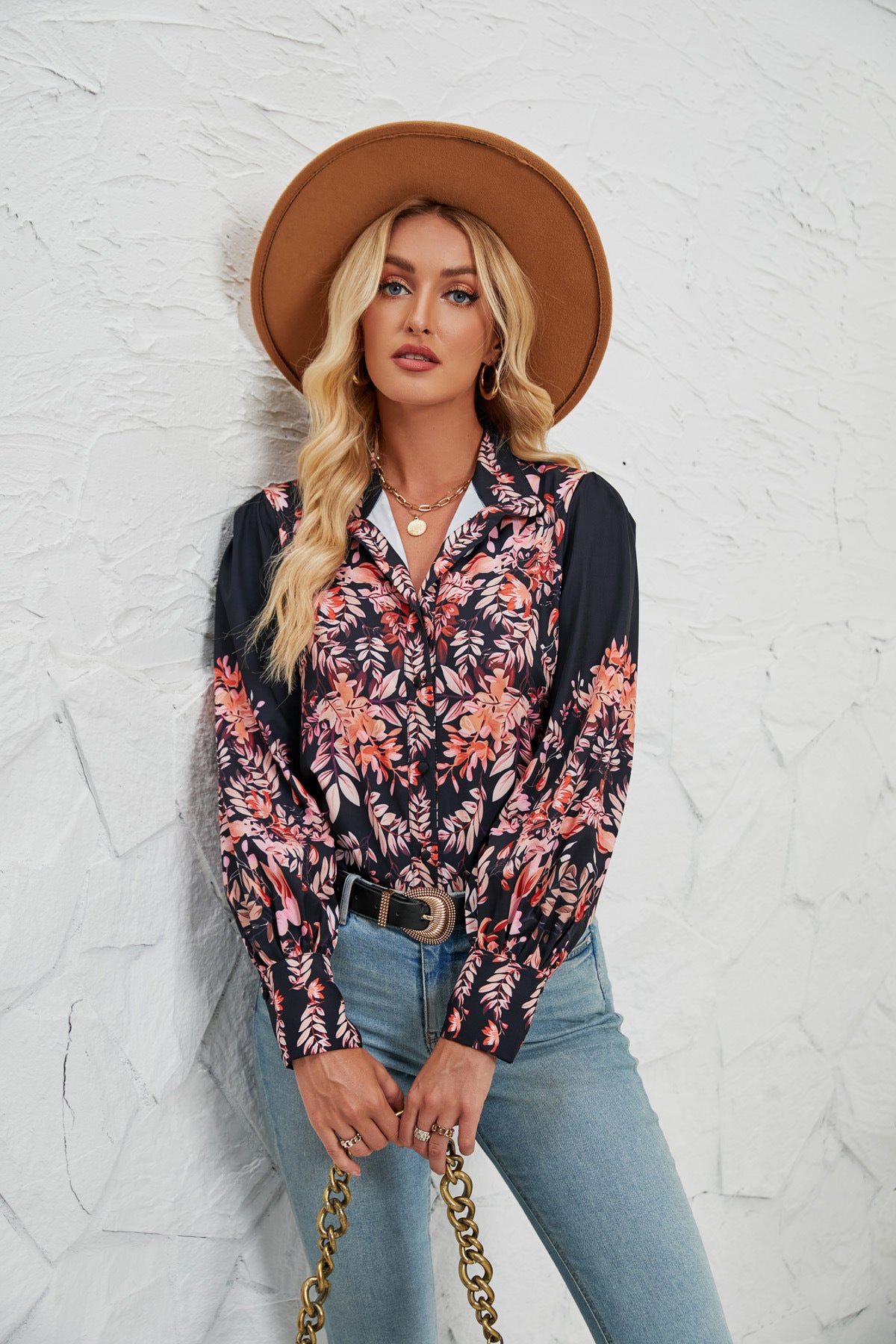Women's Printed Long Sleeve Stand-Up Collar Fashion Casual Blouse