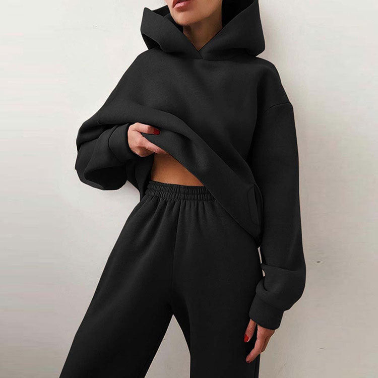 Women Fashion Casual Sports Solid Color Hooded Set