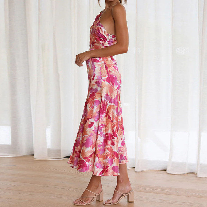 Womens Print Slant Neck Off-the-shoulder Dress