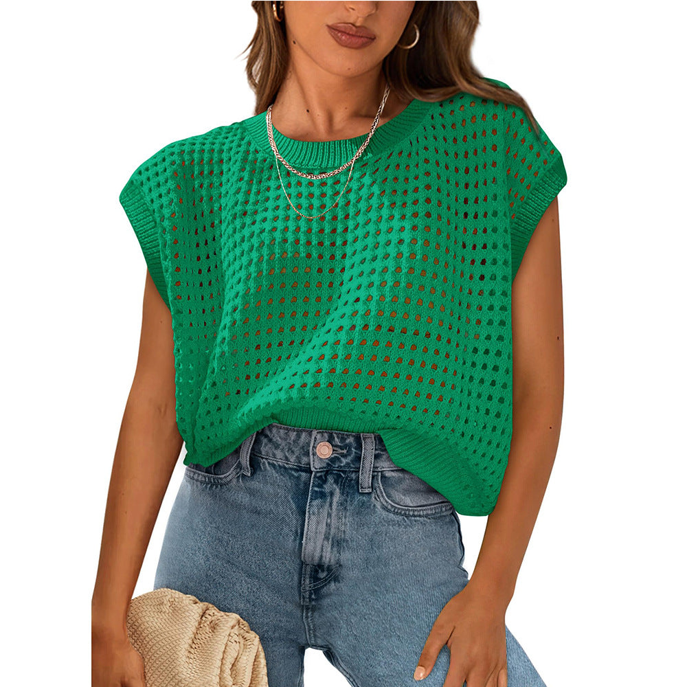 Women's Crew Neck Hollow-Out Sunscreen Knitted Sweater Blouse