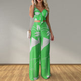 Sexy V-Neck Printed Tank Top Wide Leg Pants Set
