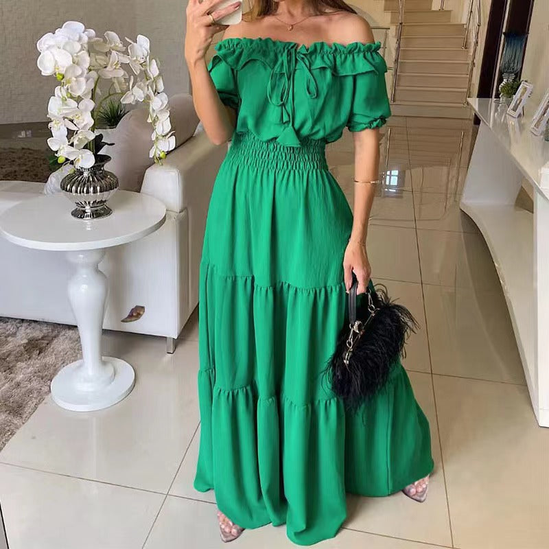 Solid Color Strappy Tube Top Bubble Sleeve Swing Dress