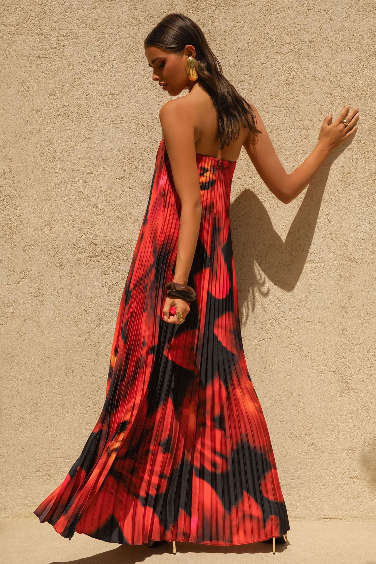 Women Printed Tubular Loose Pleated Long Dress