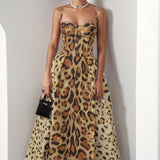 Women Sexy Leopard Print Suspender Waist A Line Dress