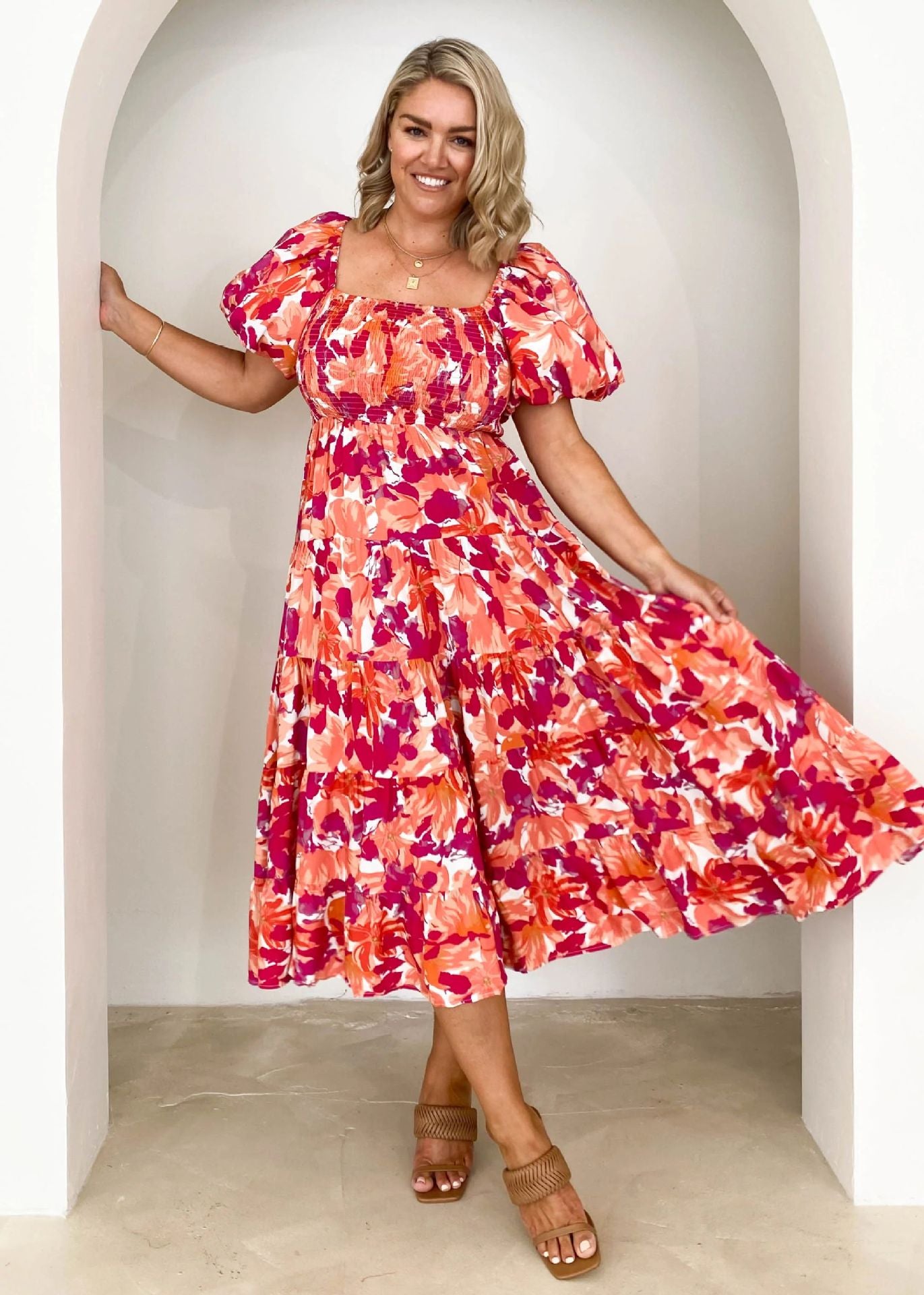 Women Bubble Sleeve Holiday Skinny Long Dress High Waist Shoulder Print Dress