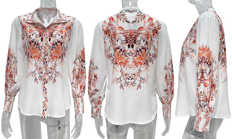 Women's Printed Long Sleeve Stand-Up Collar Fashion Casual Blouse