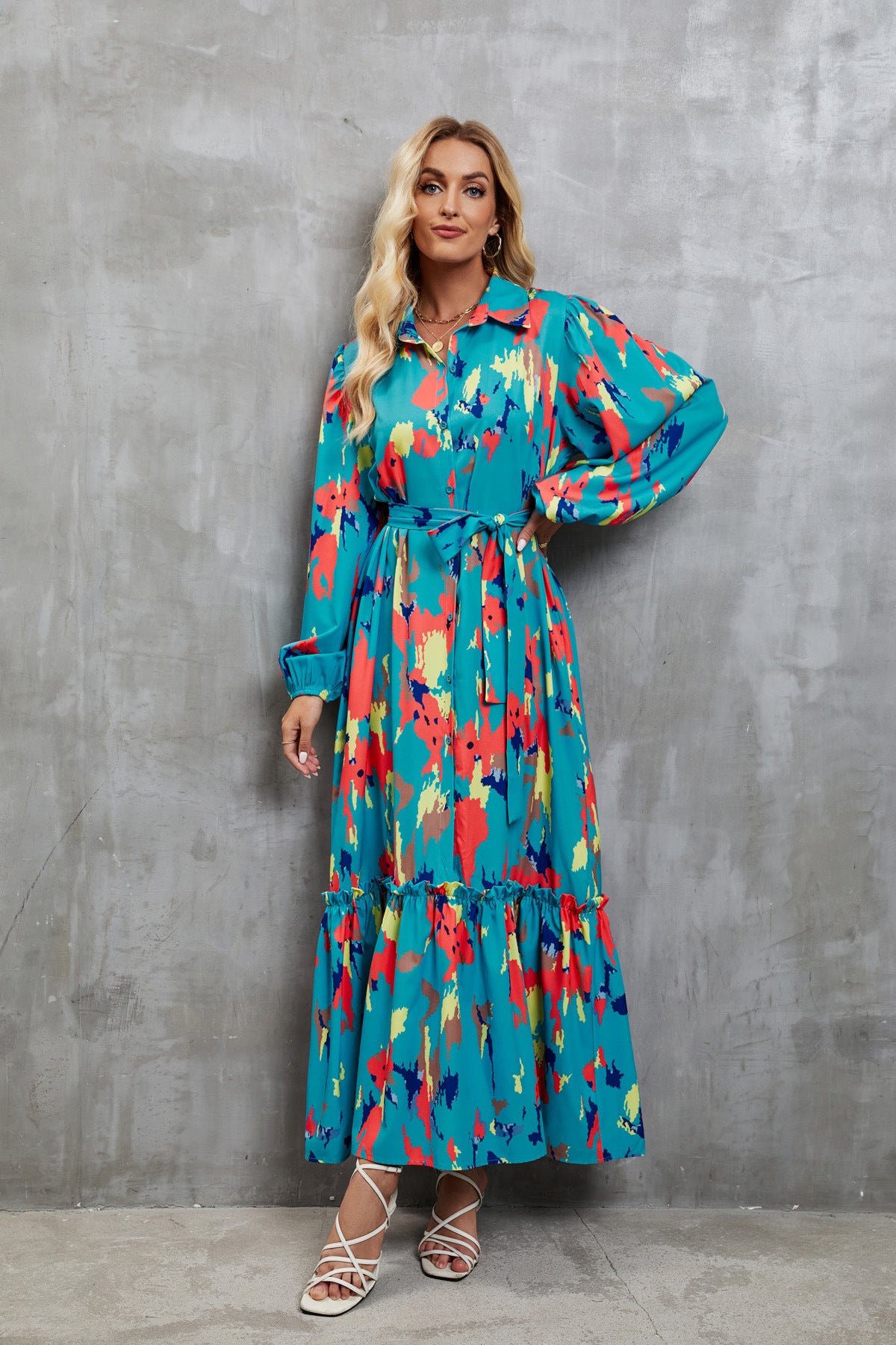 Women Printed Single-Breasted Lace-Up Waist Lantern Sleeve Dress