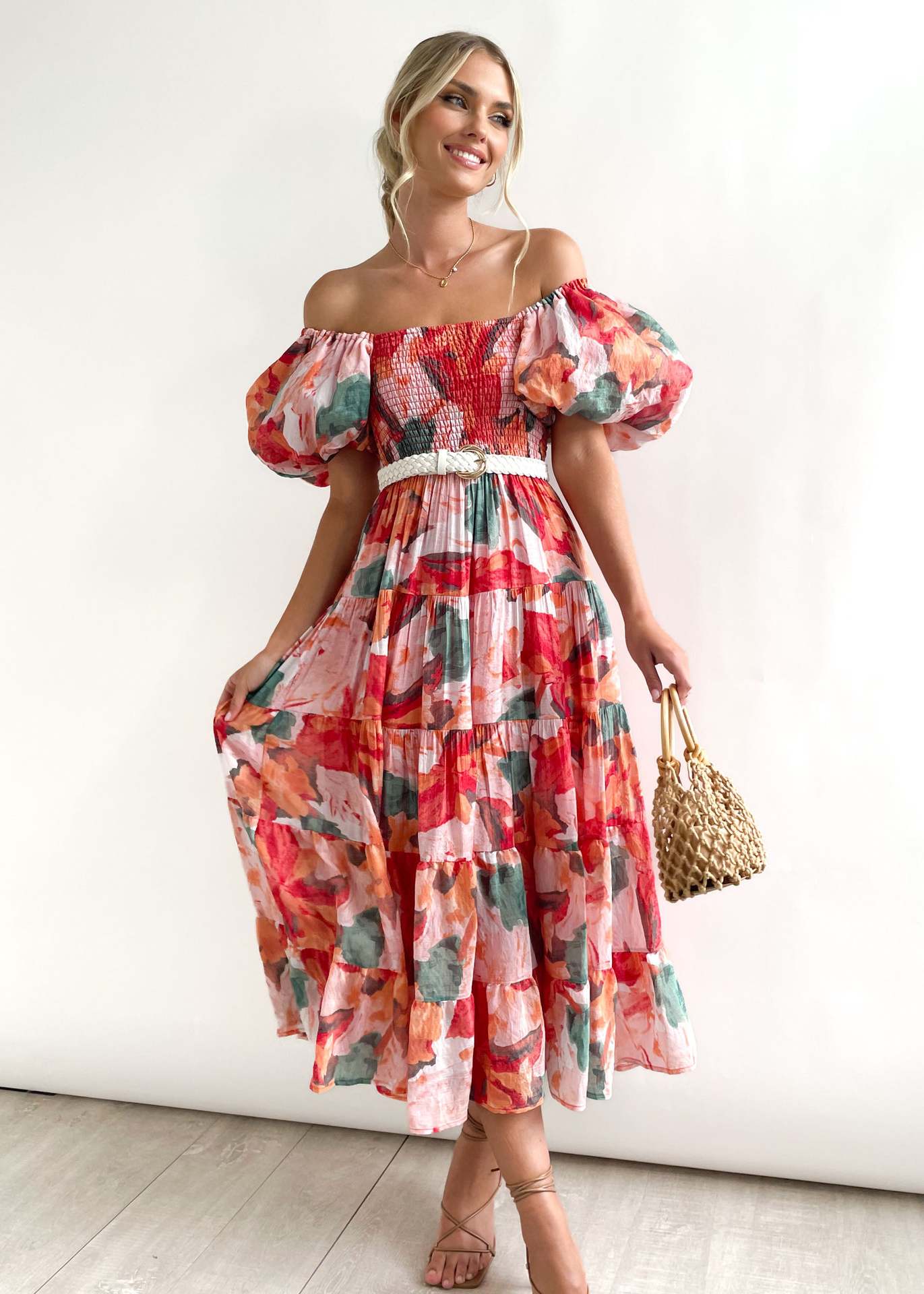 Offshoulder Printed Bubble Sleeve Dress for Women