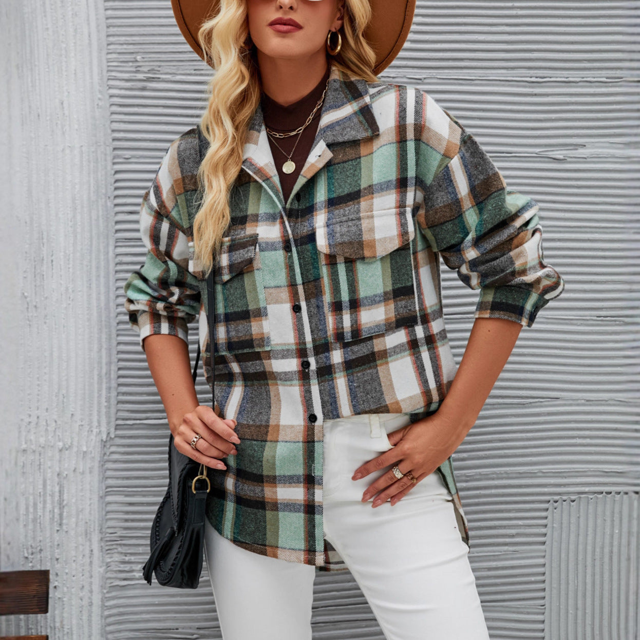 Women Long Sleeve Cardigan Lapel Loose Plaid Wool Shirt Jacket
