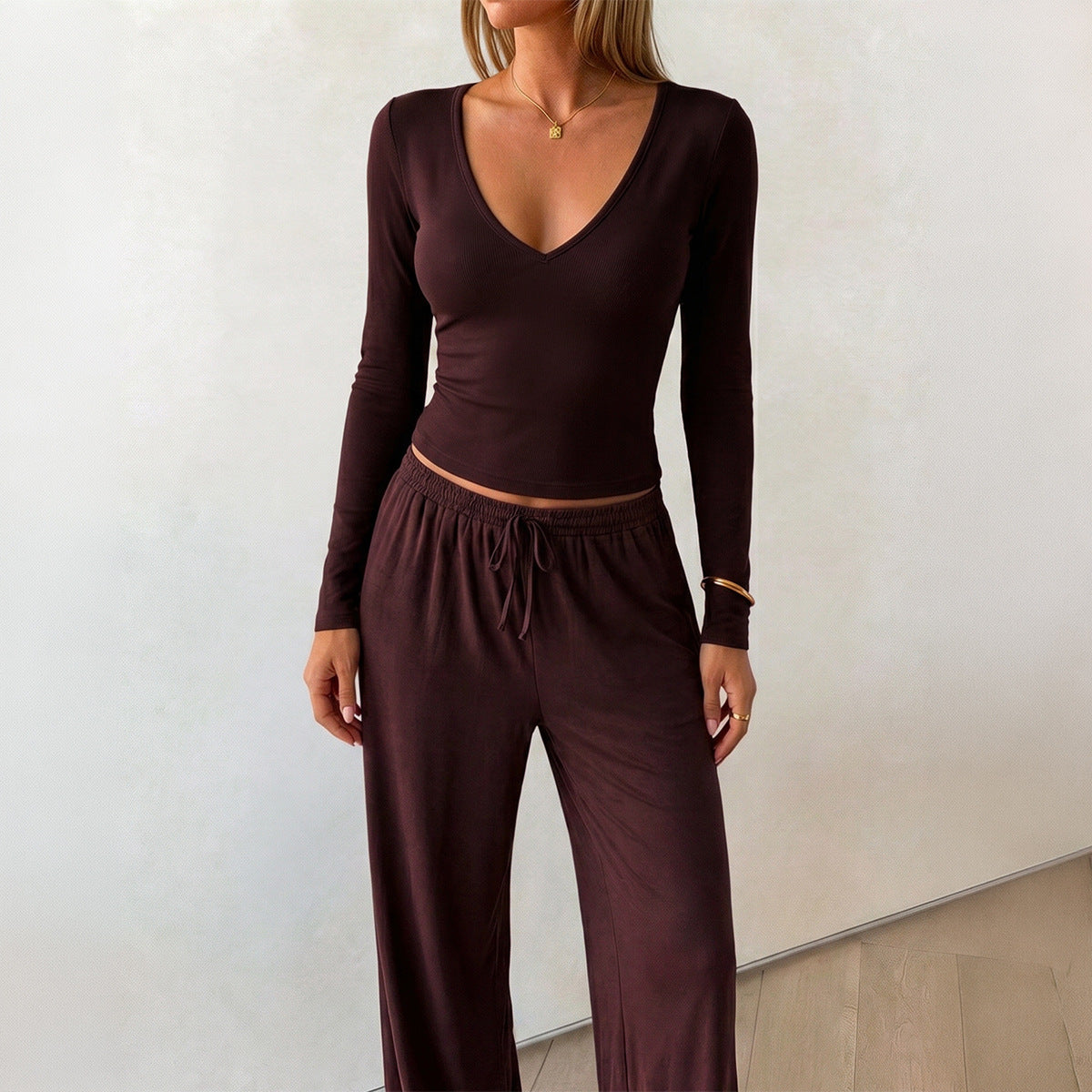 Women Vintage Casual Deep V Slim Sports Suit