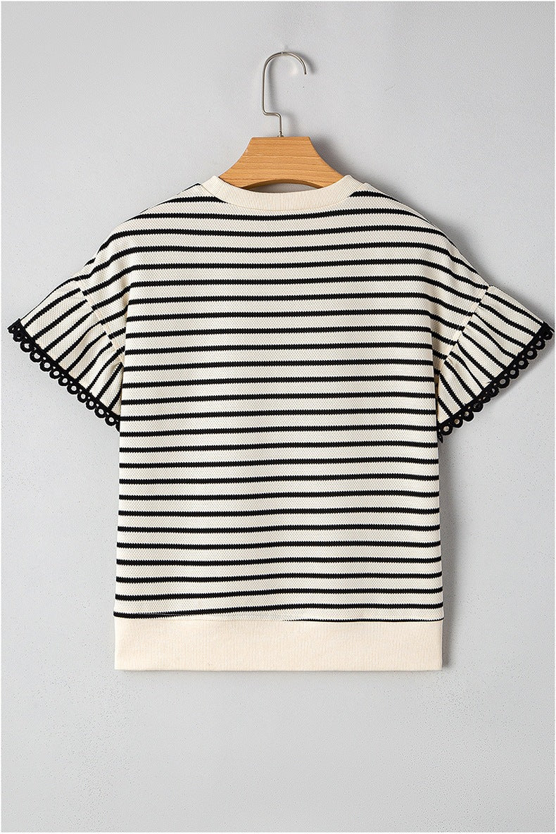 Womens Short Sleeve T-Shirt Striped Crew Neck Pullover