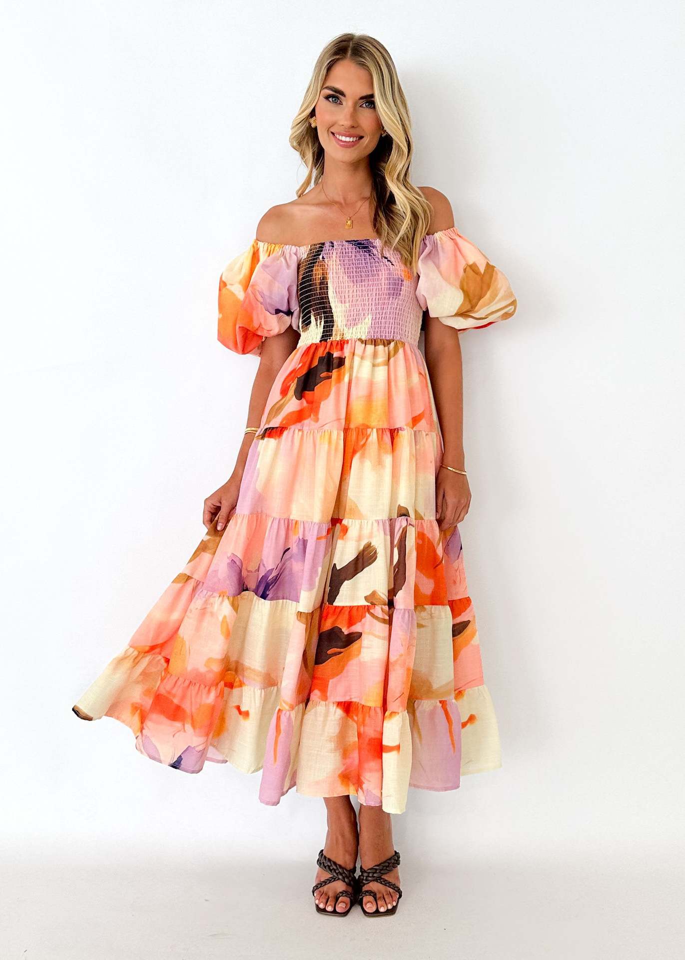 Women Bubble Sleeve Holiday Skinny Long Dress High Waist Shoulder Print Dress