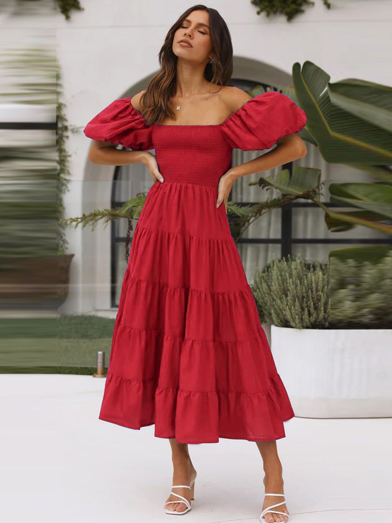 Women Bubble Sleeve Holiday Skinny Long Dress High Waist Shoulder Print Dress