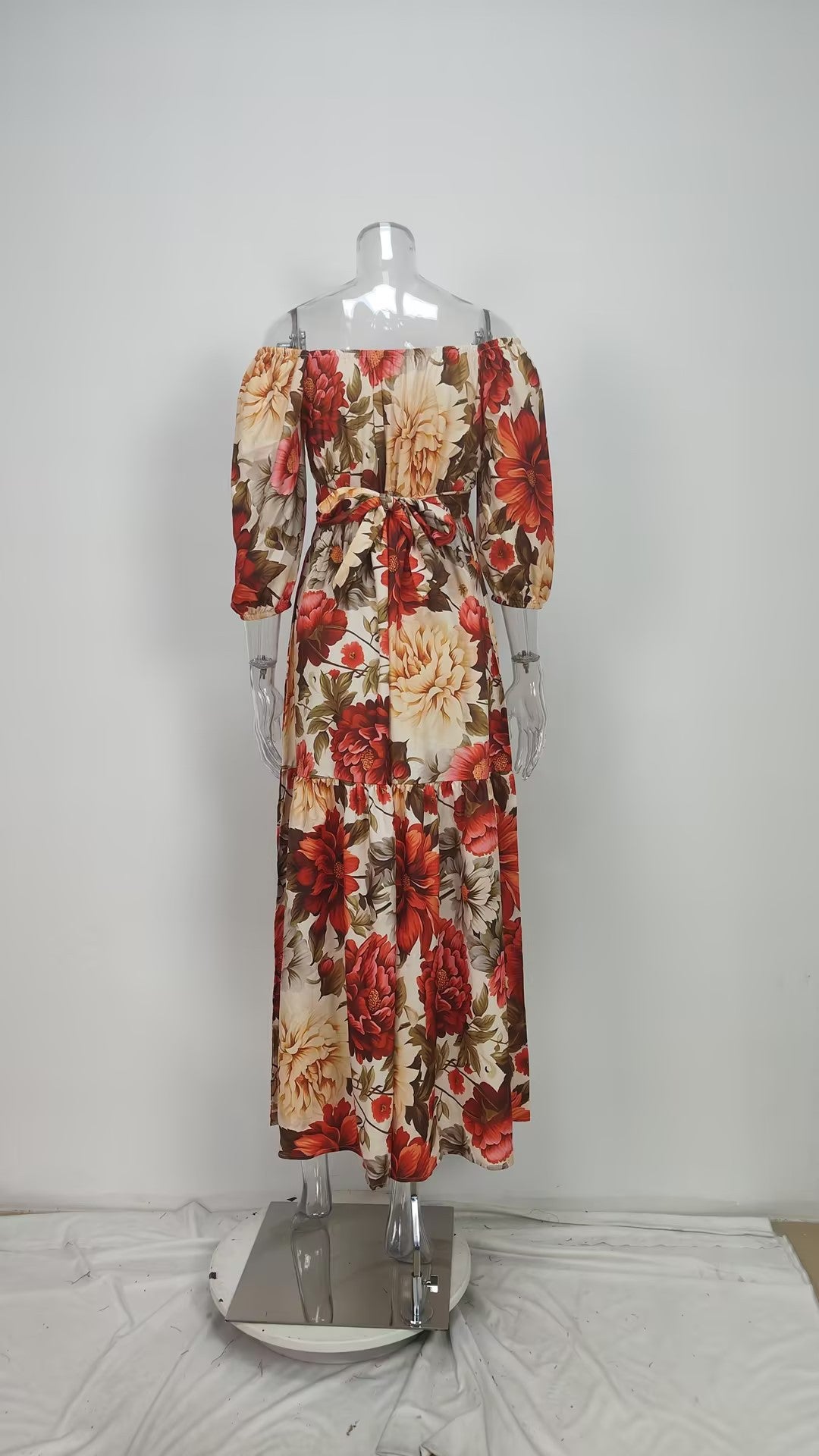 Women V-Neck Printed Lace-Up Dress Long Dress