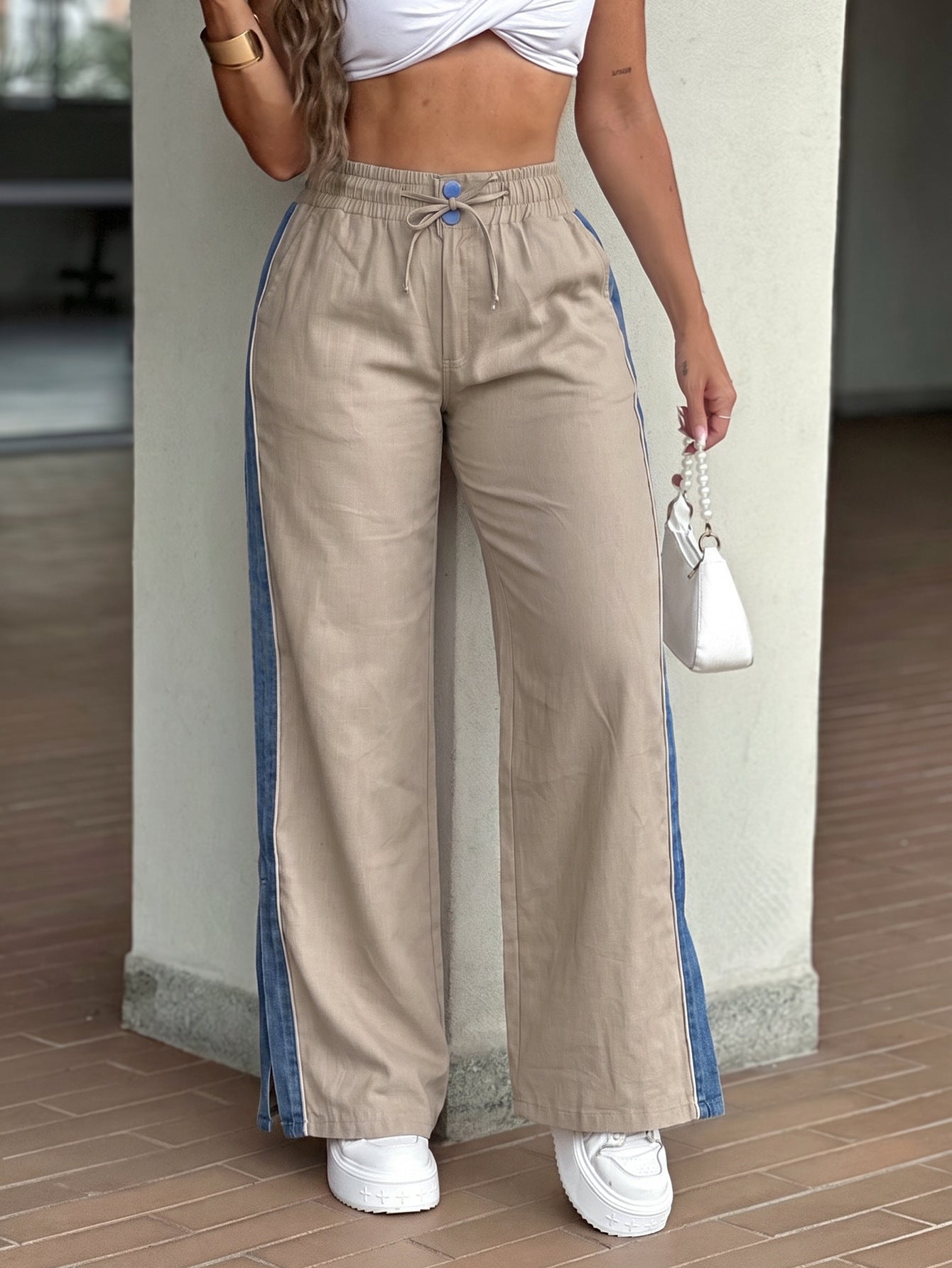 Women Contrast Drawstring Wide Leg Bottom