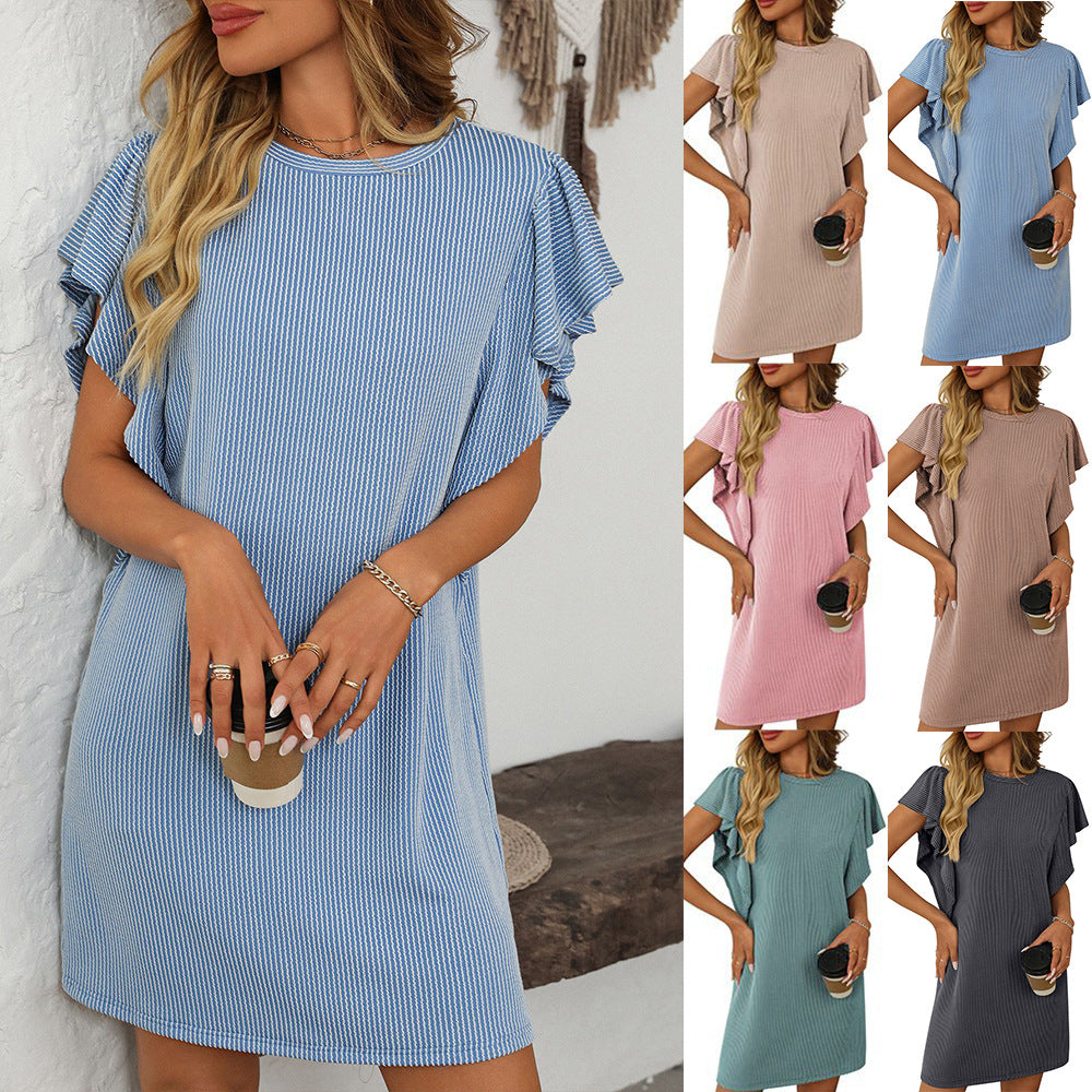 Women's Contrasting Color Twisted Ruffle Sleeve Midi Dress