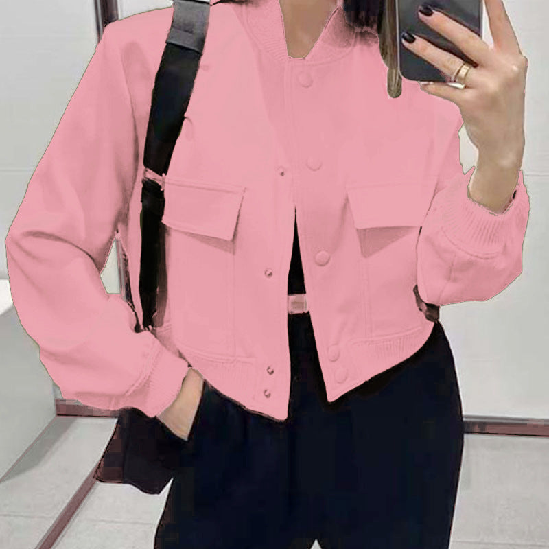 Women's Casual Stand-up Collar Solid Color Pocket Jacket