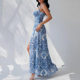 Women Sexy Printed V-Neck Suspender Dress Long Dress