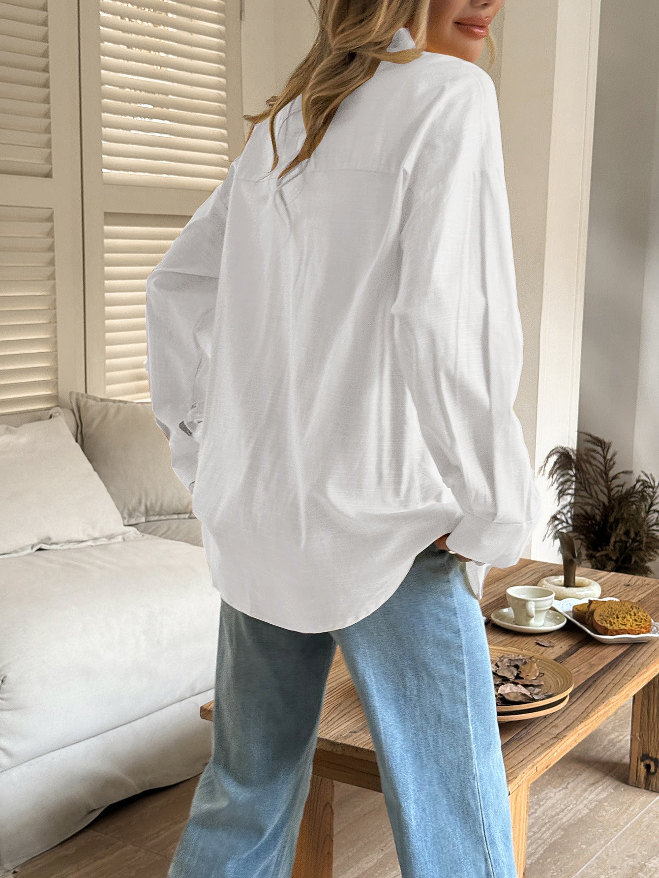 Women's Solid Button V-Neck Long Sleeve Women's Long Sleeve Blouse