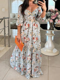 Women V-Neck Printed Lace-Up Dress Long Dress