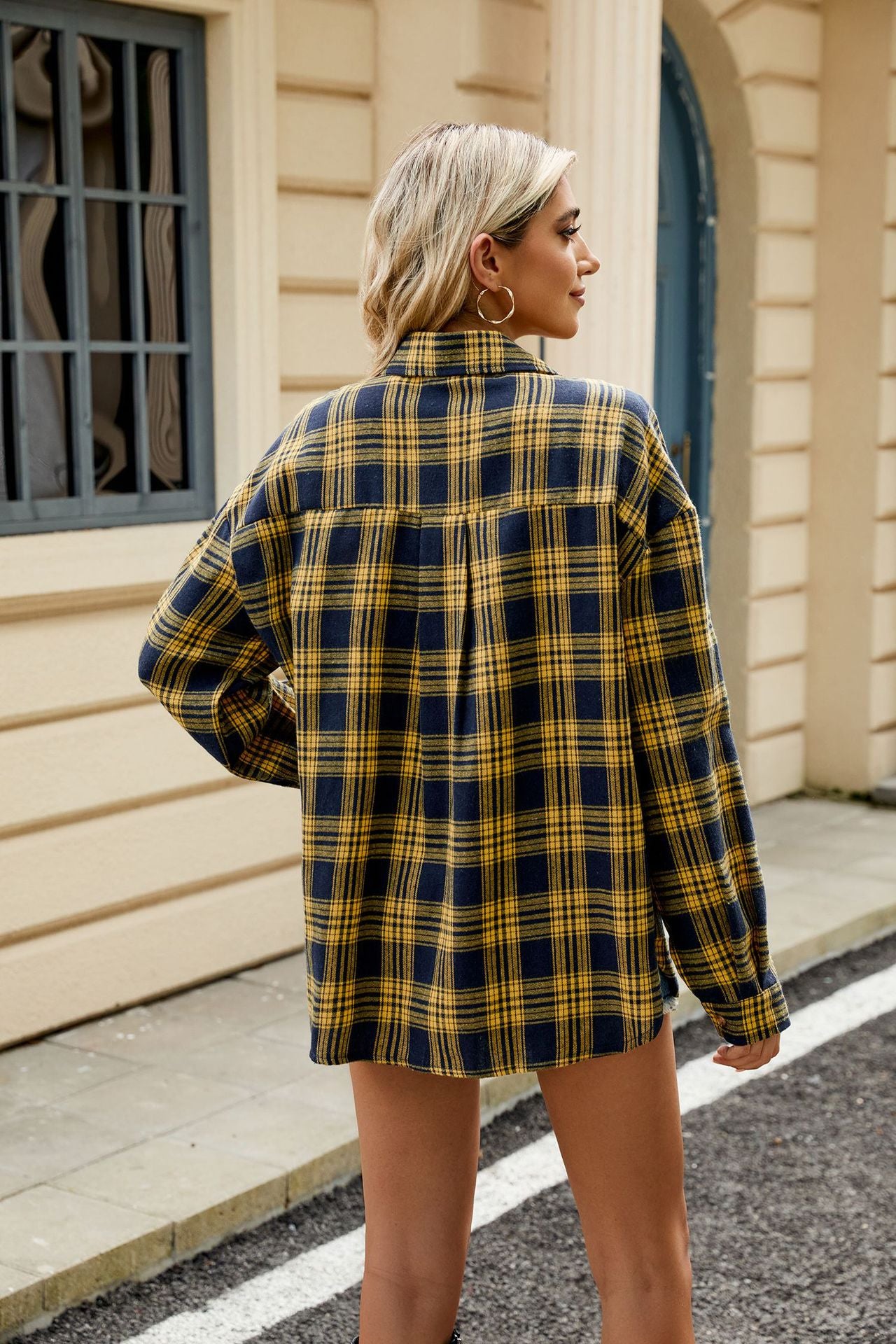 Lapel Long Sleeve Pocket Button Plaid Shirt Top Women
