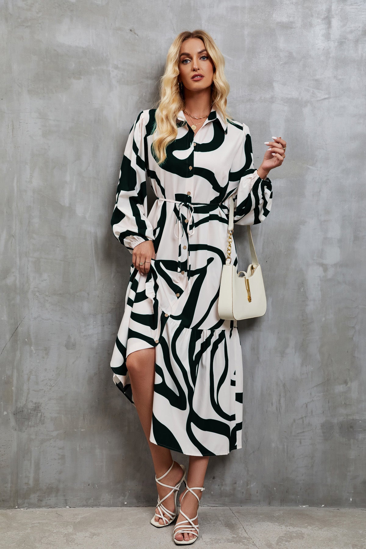 Womens Loose Single-Breasted Long Sleeve Long Dress