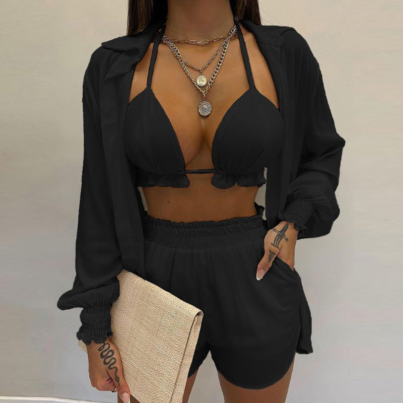 Sexy Beach Vacation Style Printed Shorts Three-piece Set