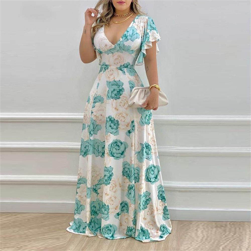 Women's Elegant V-neck Slim-fitting Flower Print Dress