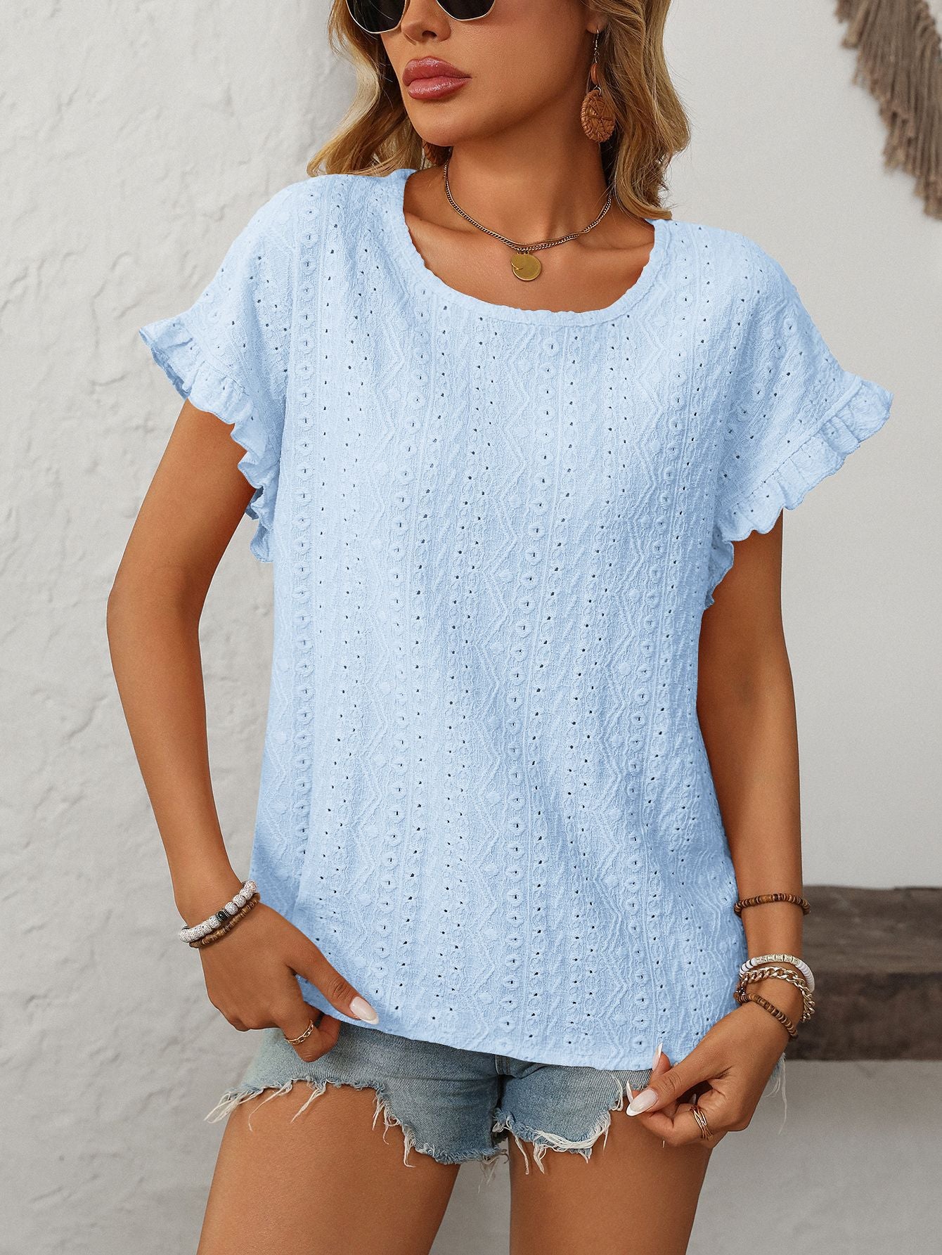 Solid Color Crew Neck Sweet Short-sleeved T-shirt Hollow Top