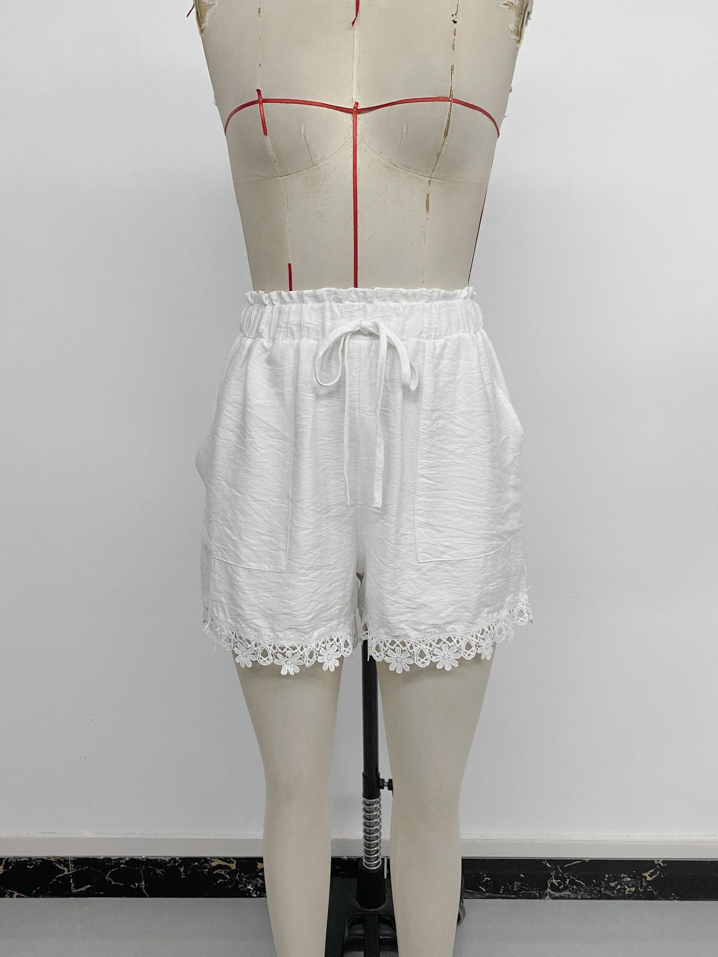 Shorts Loose Drawstring White Lace Splicing Shorts Women