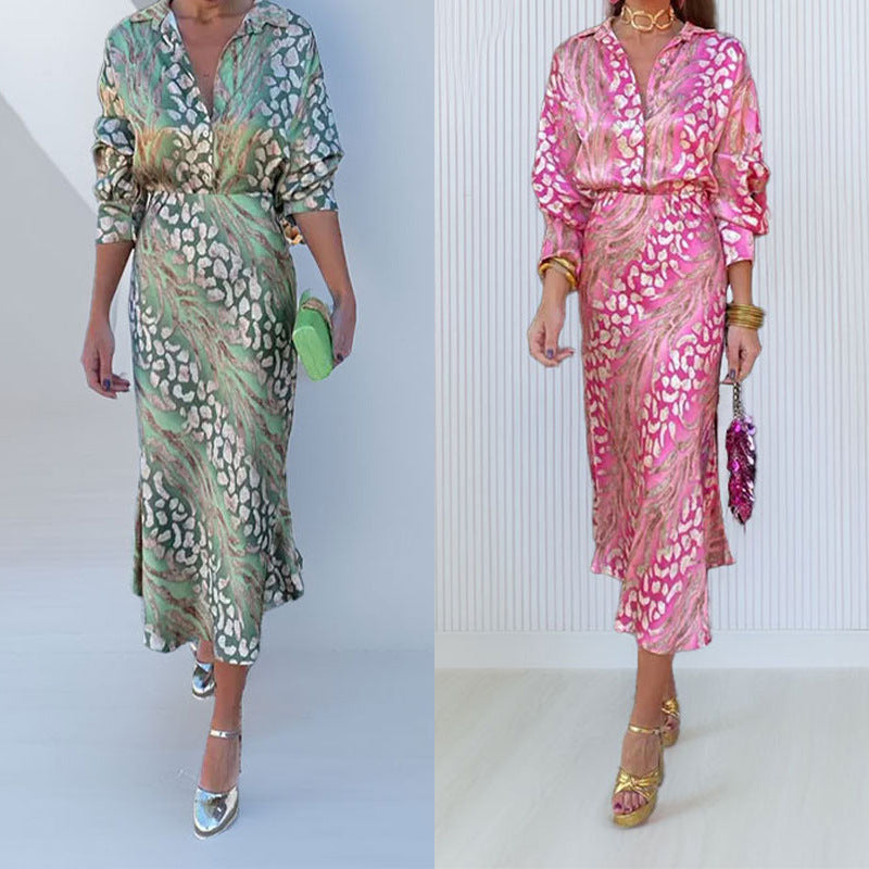 Women Elegant Lapel Print High Waist Dress