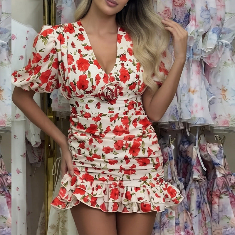 Womenv V Neck Print Ruffle Dress