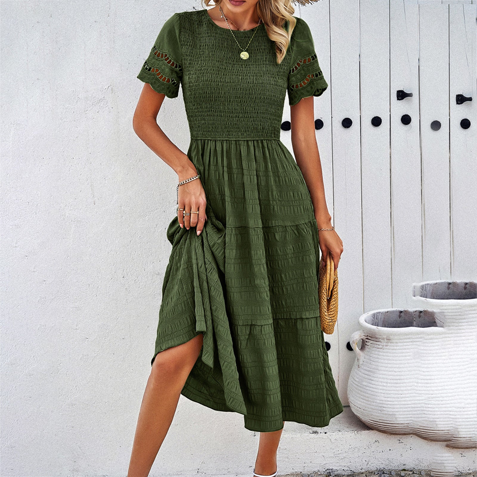 Solid Color Short-sleeved Cut-out Dress for Women