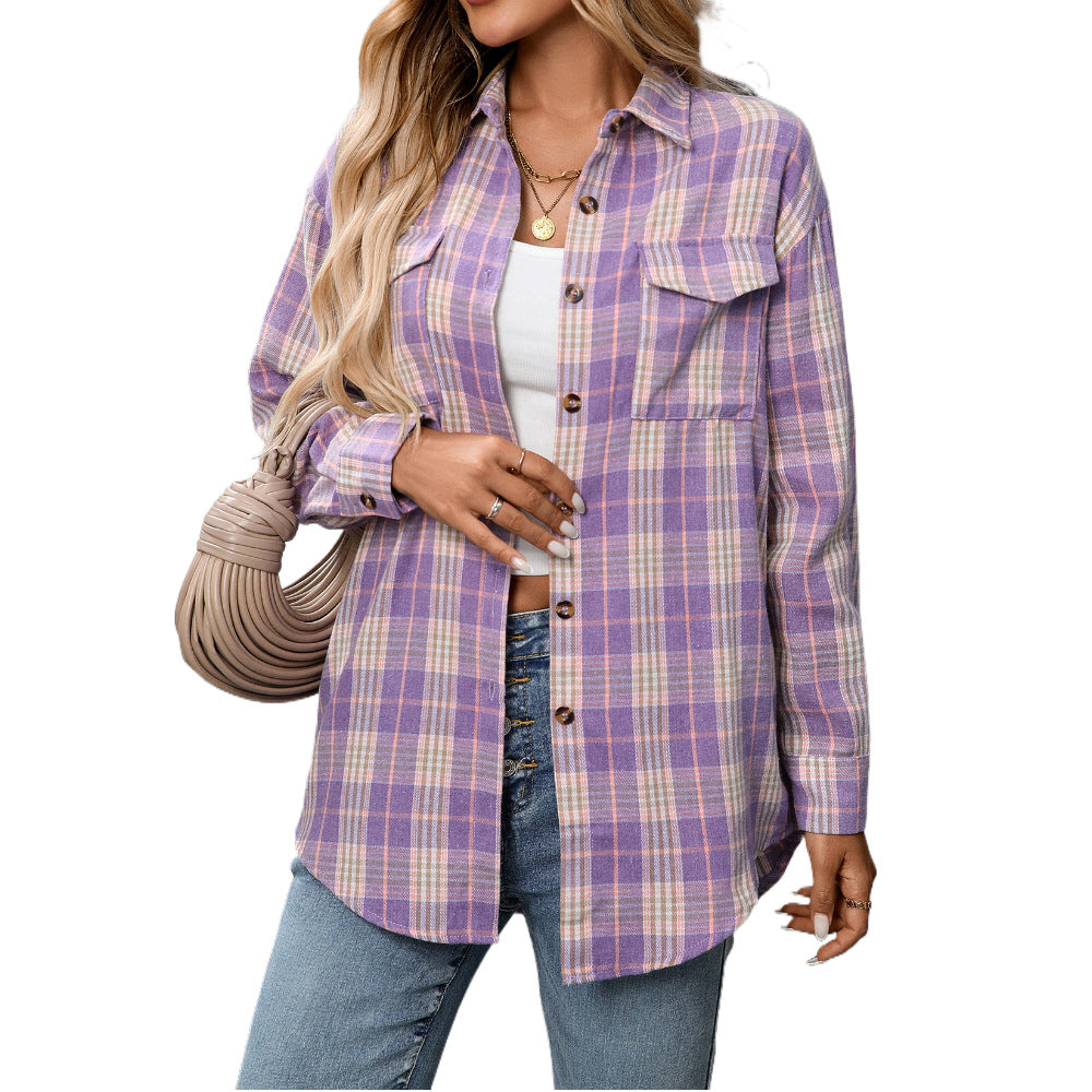 Casual Fashion Loose Plaid Pocket Shirt Women