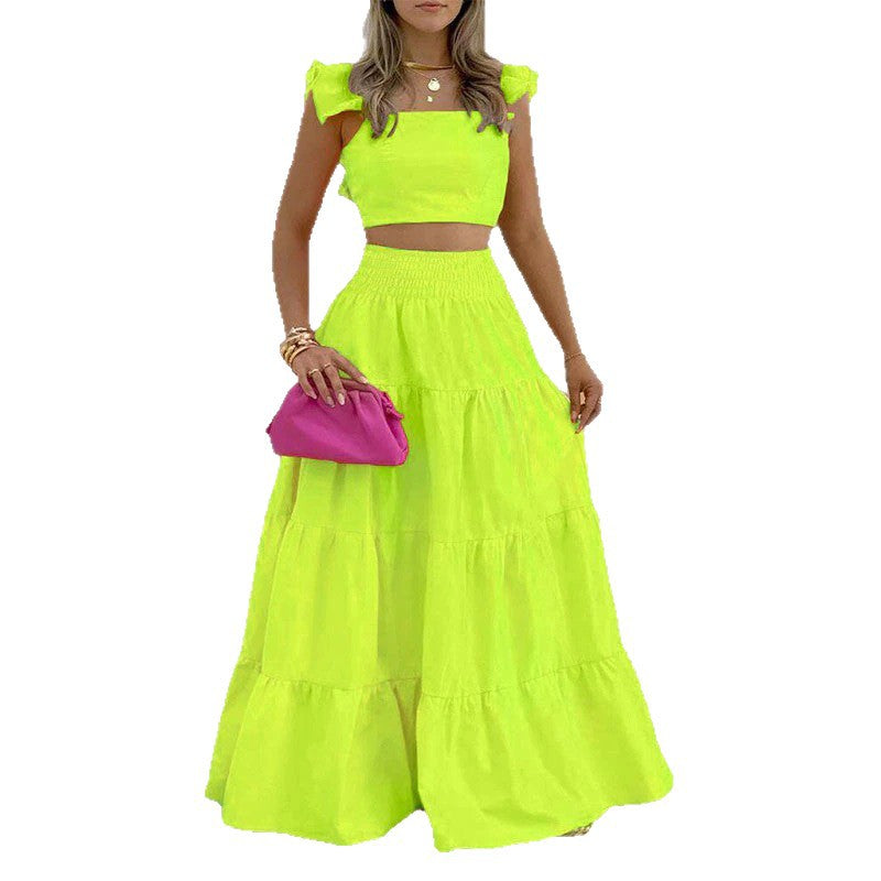 Sexy Daily Casual Solid Color Splicing Suspender Skirt Set
