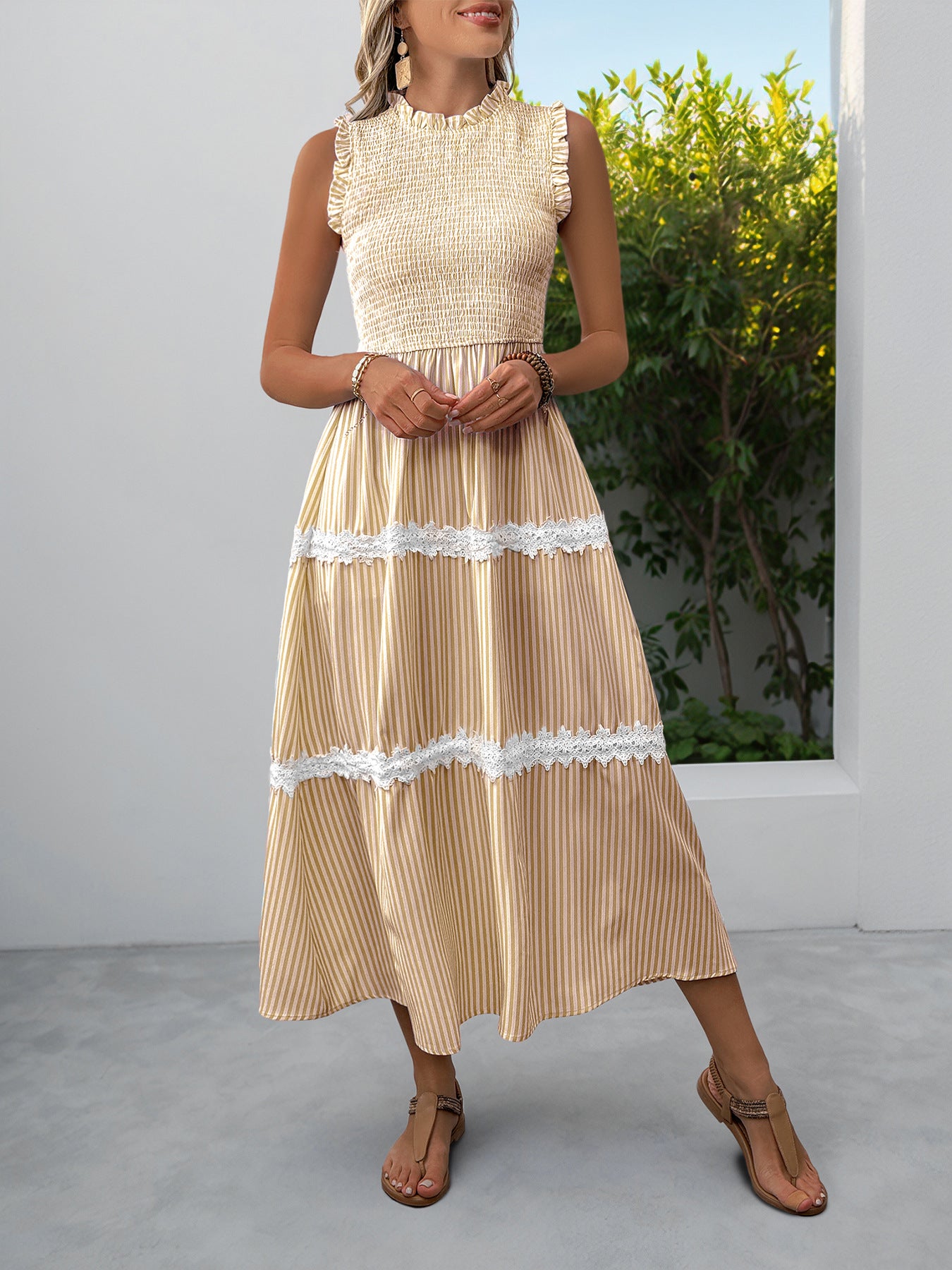 Casual Women's Lace Sleeveless Striped Dress