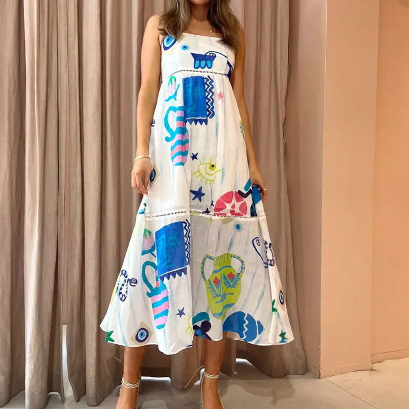 Elegant Printed High Waist Suspender Dress Long Dress