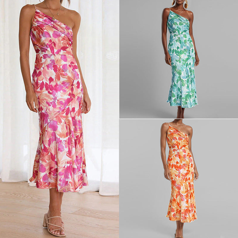 Womens Print Slant Neck Off-the-shoulder Dress