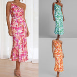 Womens Print Slant Neck Off-the-shoulder Dress