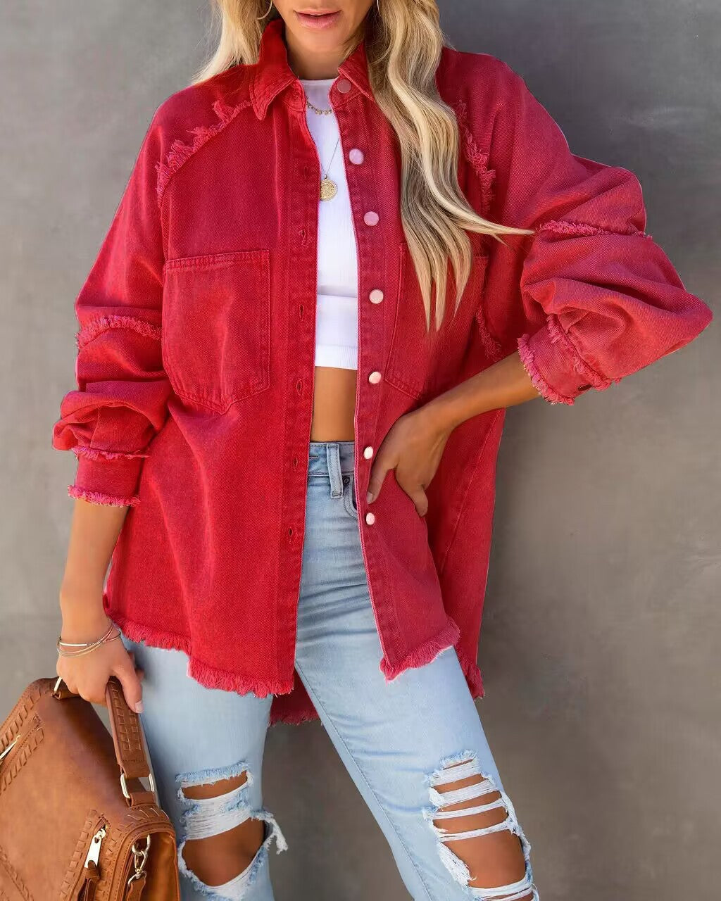 Womens Casual Fringed Ripped Loose Denim Jacket