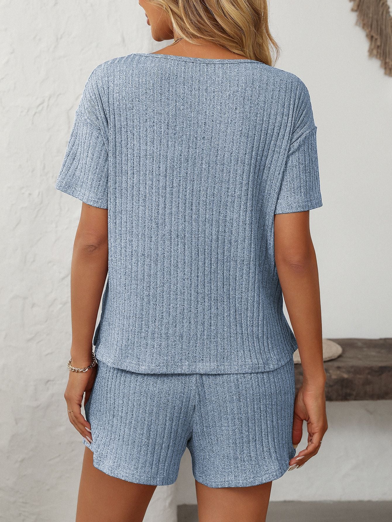 Solid Color Pit Strip Pajamas Short-sleeved Loungewear Set