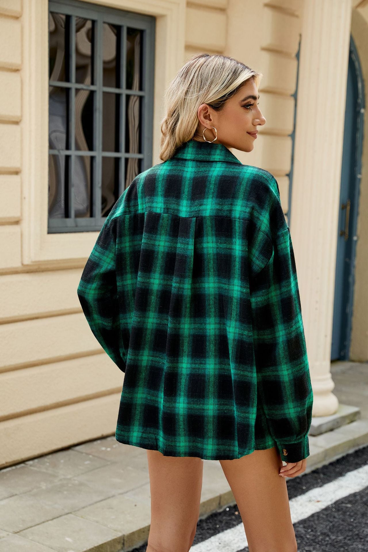Lapel Long Sleeve Pocket Button Plaid Shirt Top Women