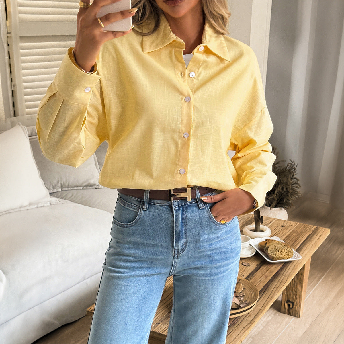 Women's Solid Button V-Neck Long Sleeve Women's Long Sleeve Blouse