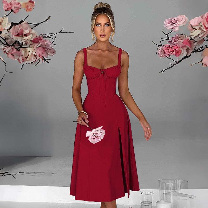 Women's Summer Fashion Casual Lace-up Slim Split Suspender Dress