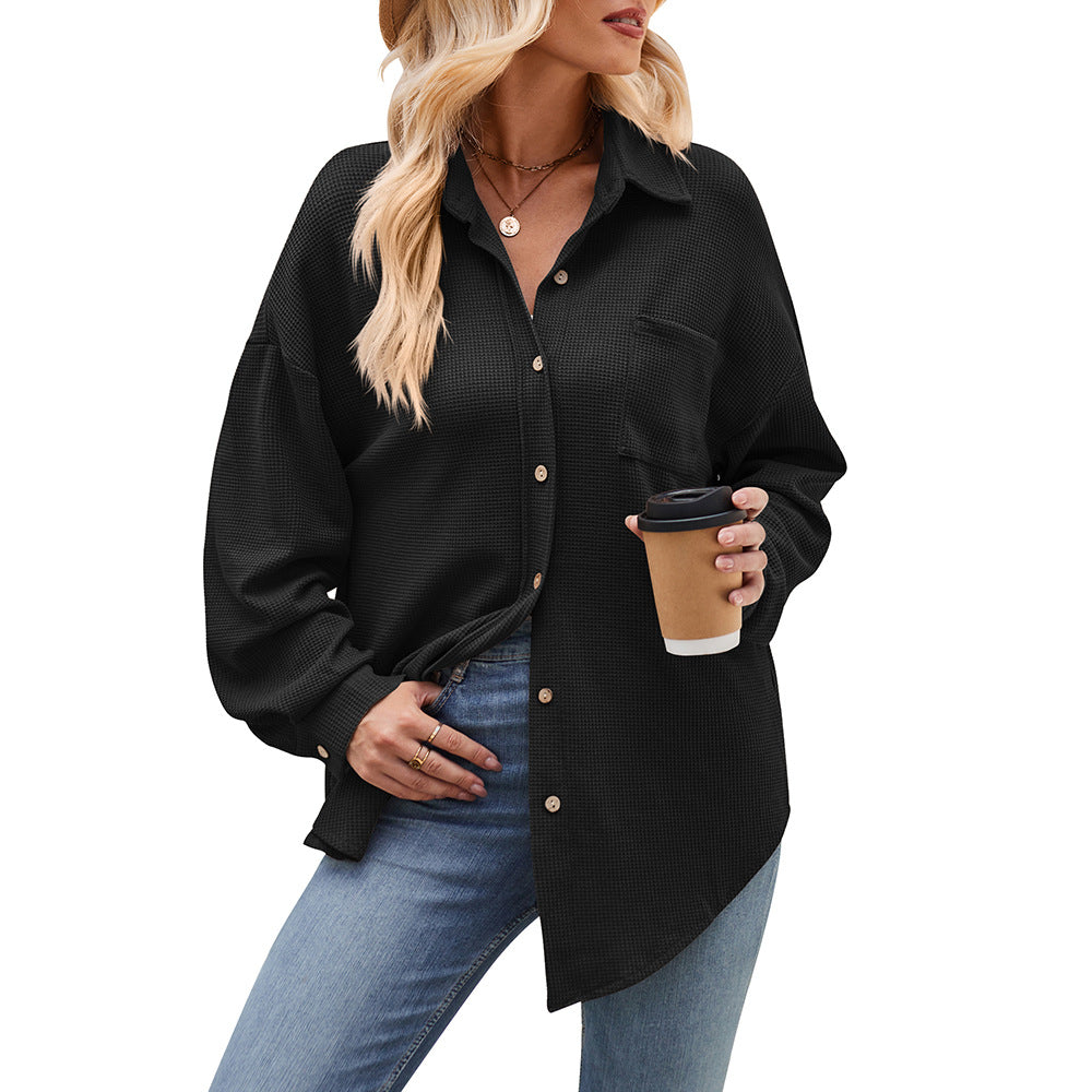 Women's Cross border Casual Loose Pocket Waffle Fashion Shirt Jacket Oversized