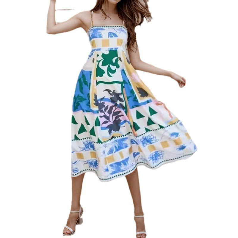 Elegant Printed High Waist Suspender Dress Long Dress