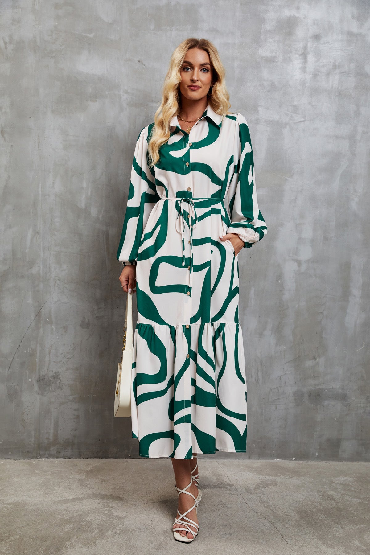 Womens Loose Single-Breasted Long Sleeve Long Dress