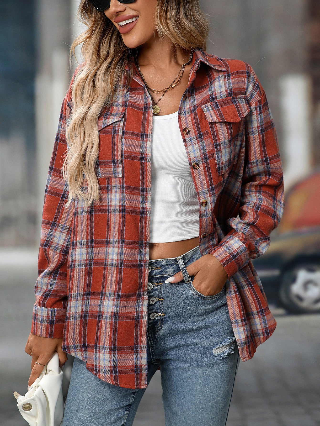 Casual Fashion Loose Plaid Pocket Shirt Women