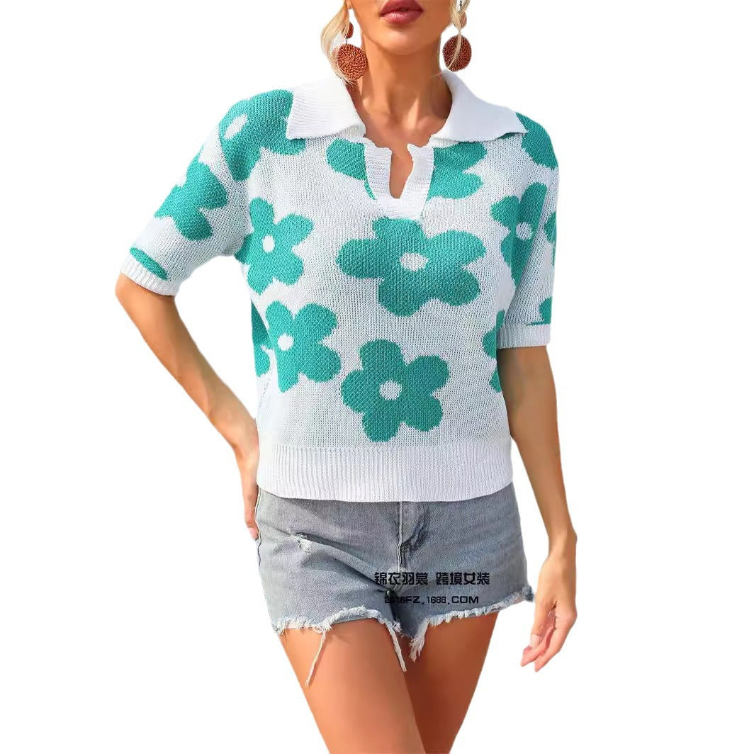 Lapel Flower Print Short Sleeve T-Shirt Top
