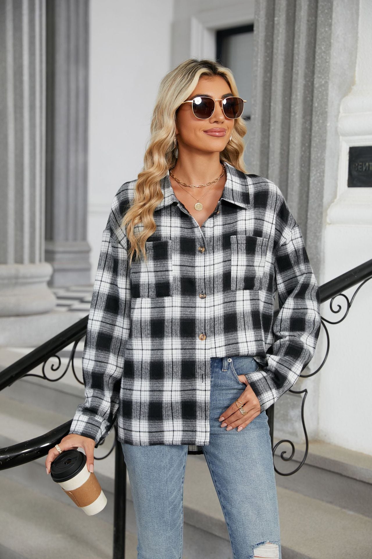 Lapel Long Sleeve Pocket Button Plaid Shirt Top Women